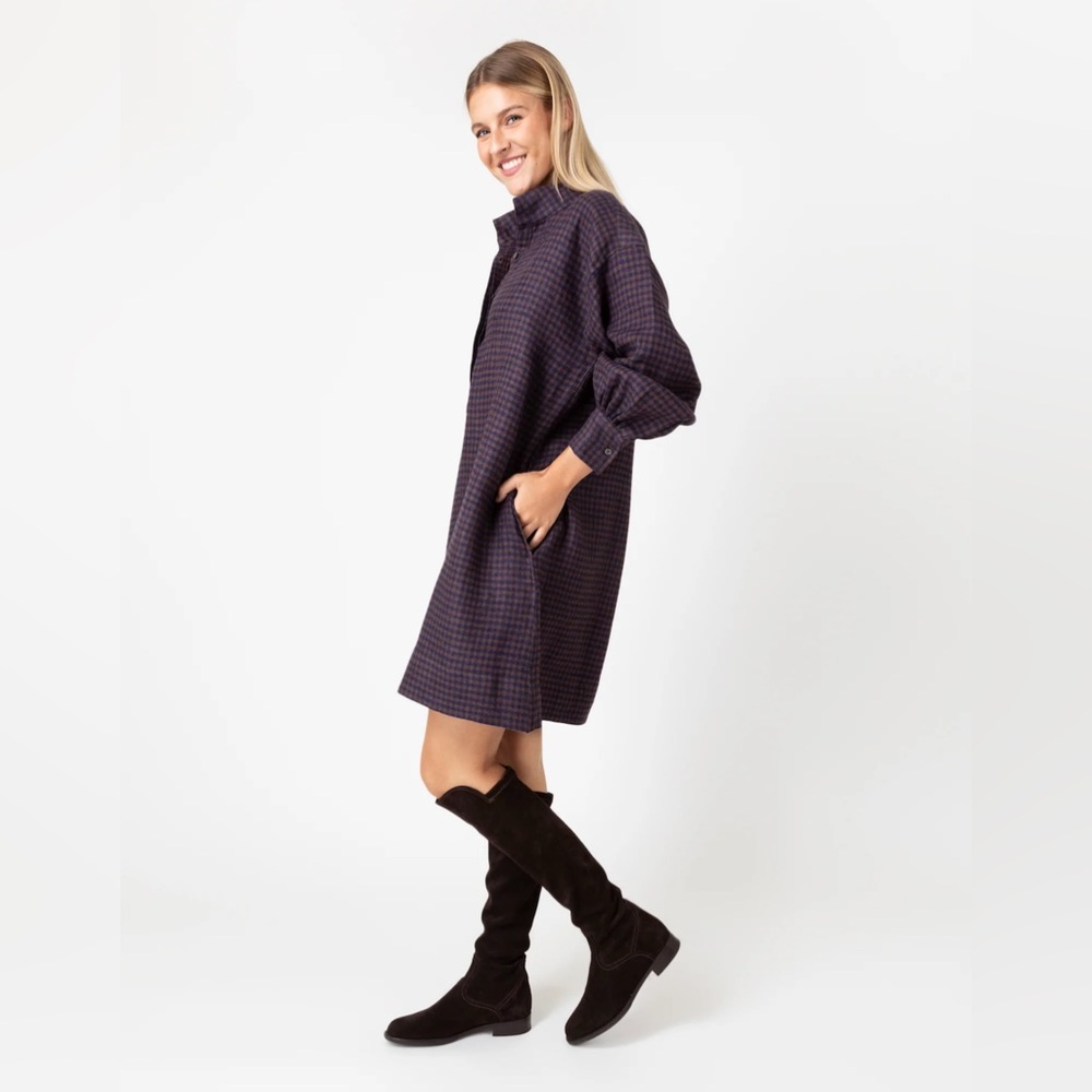 Ann Mashburn Anaya Popover Dress in Brown Navy Gingham Linen Size Large